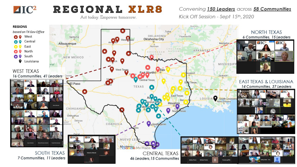 Texas map showing 58 communities part of Regional XLR8 from all over the state.