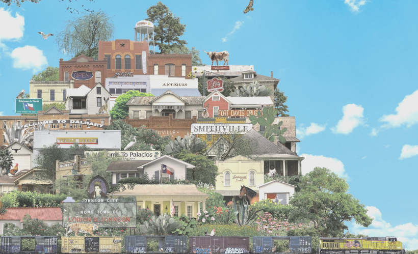 Cartoon rendering of houses and tourist areas of small cities in the Texas Hill Country. 