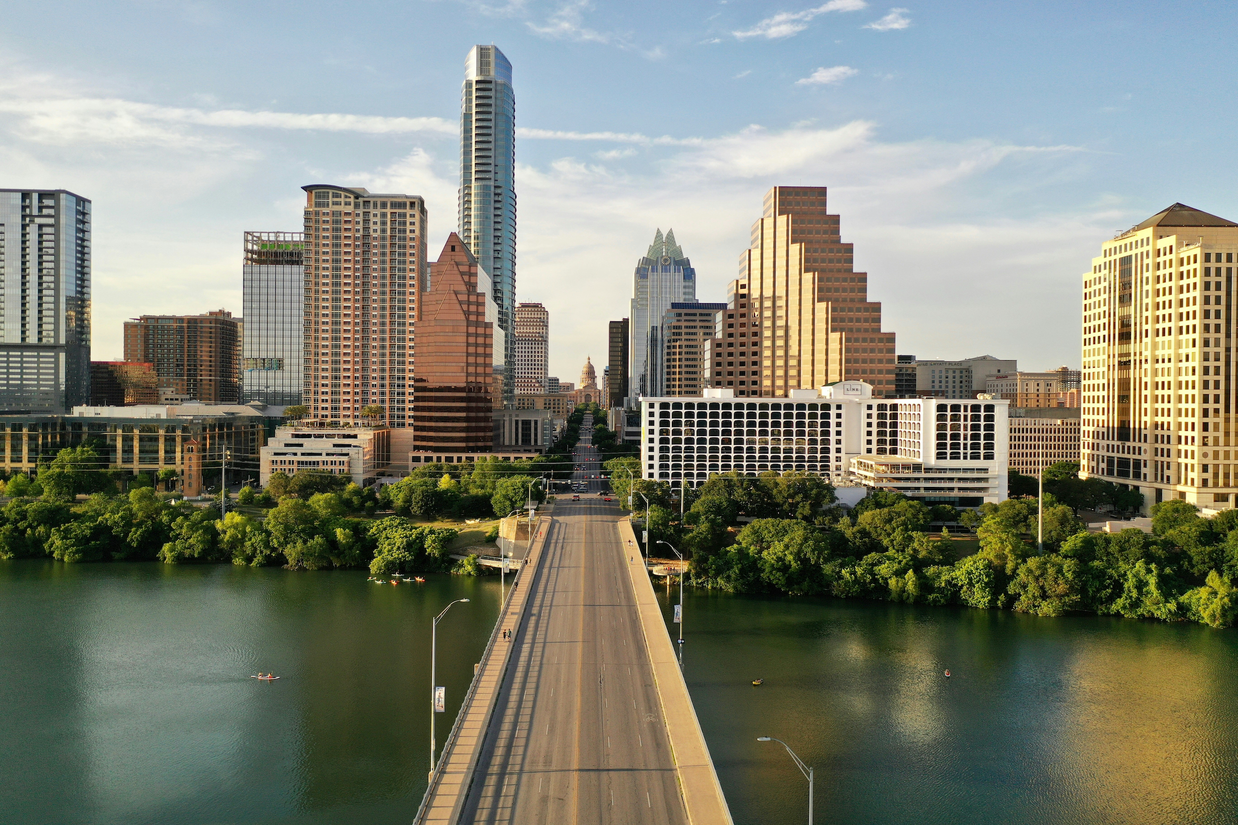 Downtown Austin and ladybird lake on sunny day