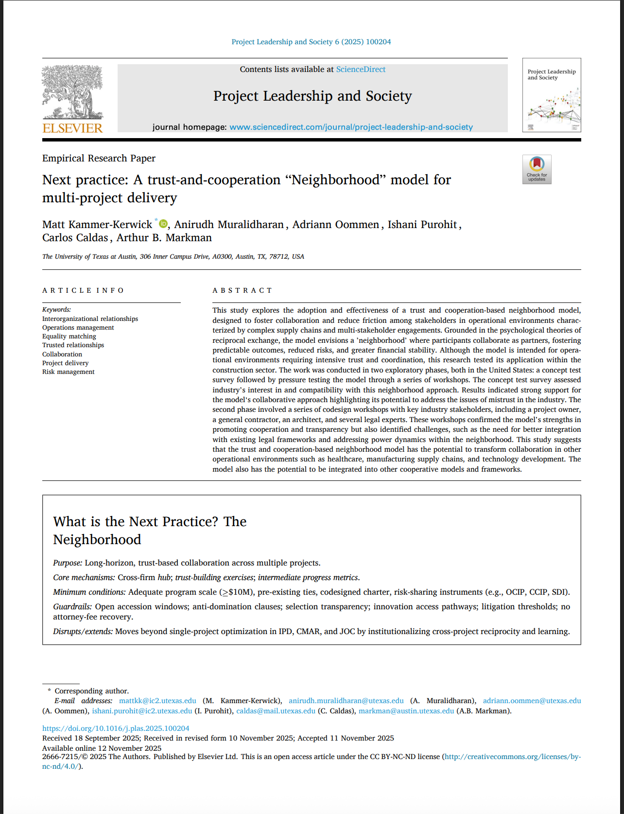 Journal article on Neighborhood Cooperation model